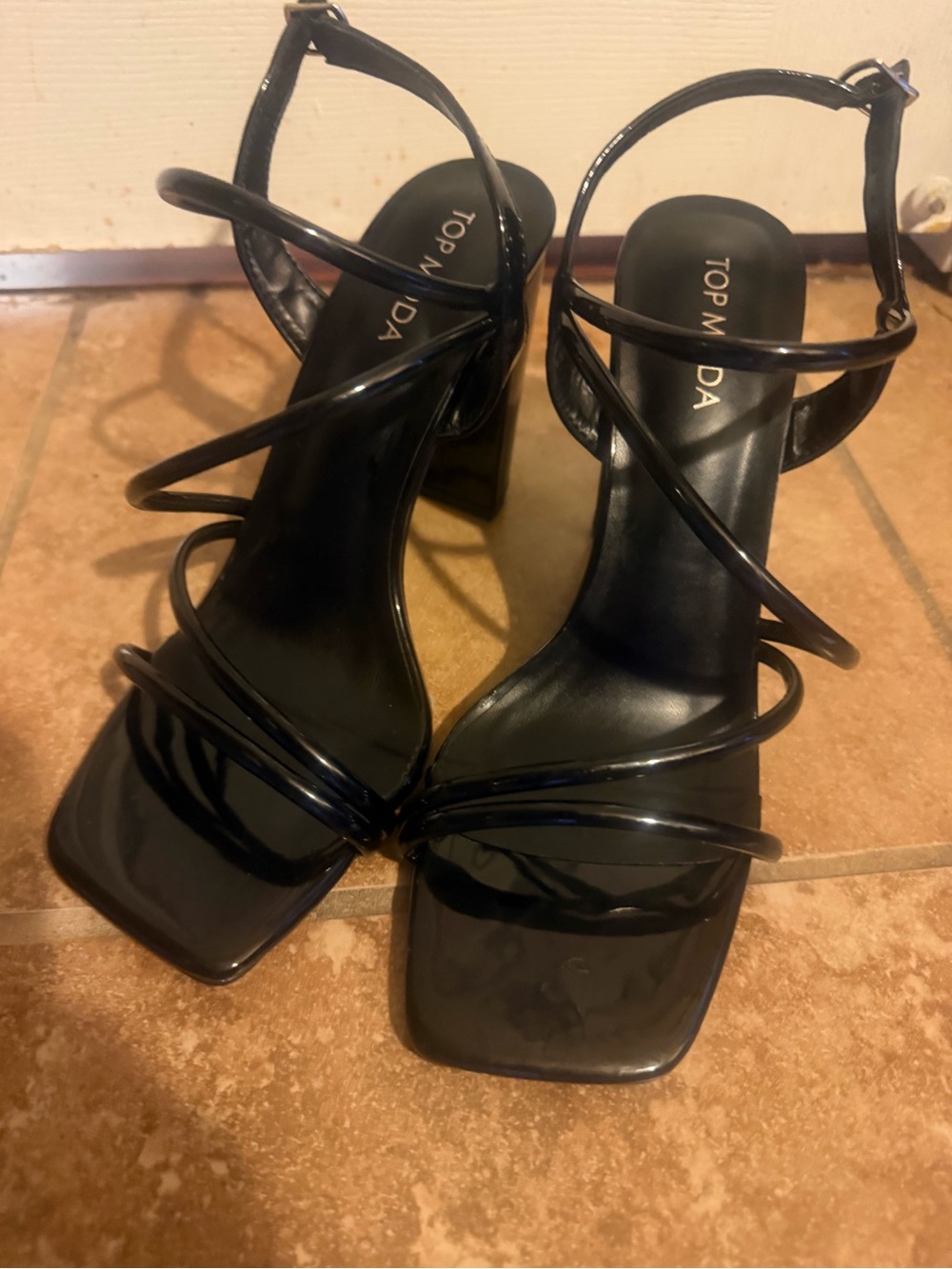 TOP Moda Black Patent Strappy Square Toe Block Heels